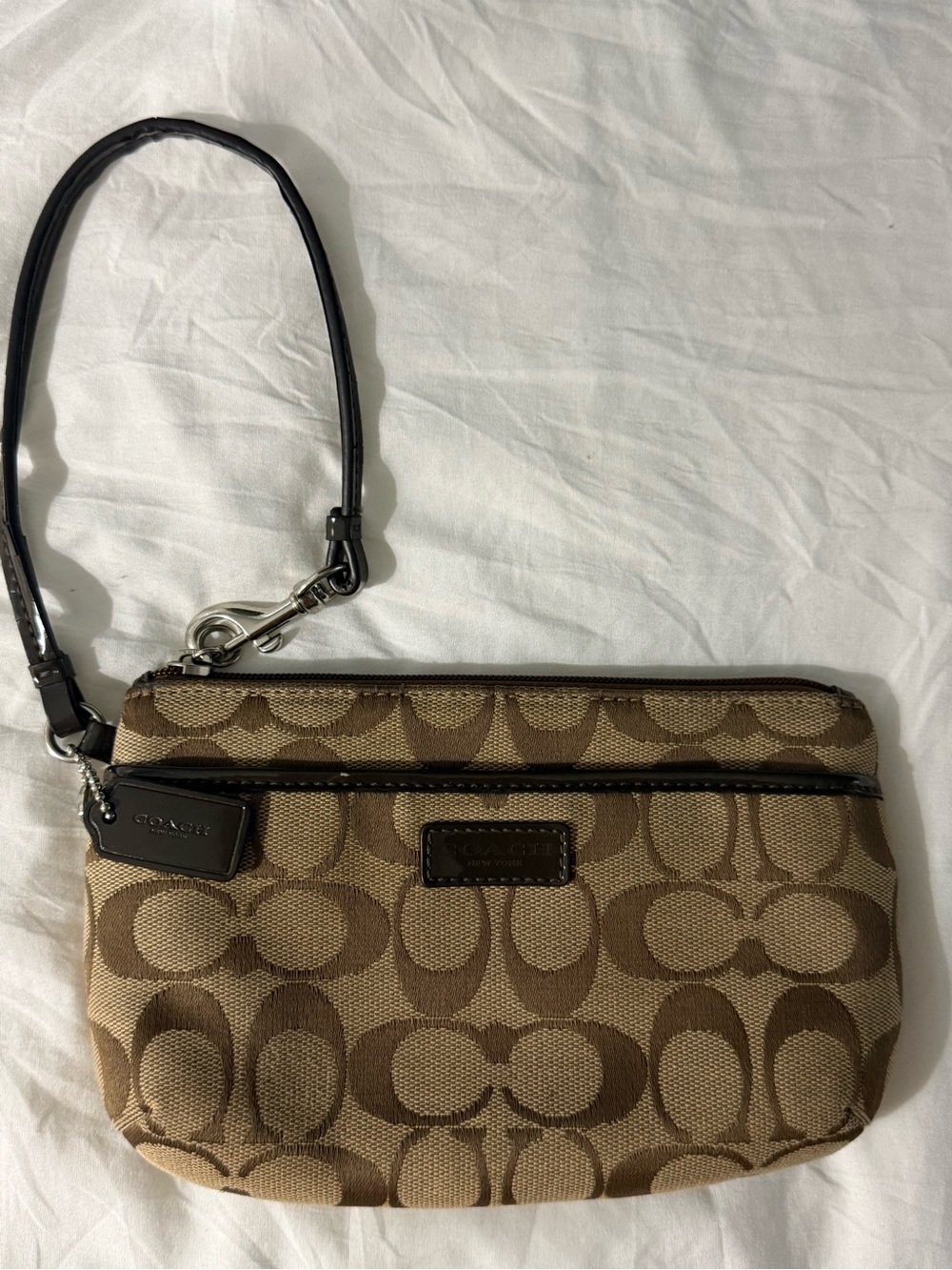 COACH Brown Tan Signature Canvas Wristlet with Dark Brown Trim